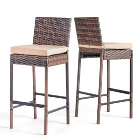 Set of 2 Patio Wicker Barstools, Outdoor Bar Height Chairs with Seat Cushions & Footrests for Patio Porch Backyard Living Room Balcony