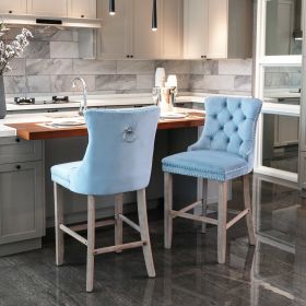 Contemporary Velvet Upholstered Barstools with Button Tufted Decoration and Wooden Legs, and Chrome Nailhead Trim, Leisure Style Bar Chairs,Bar stools