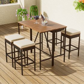 GO 5-Piece Outdoor Acacia Wood Bar Height Table And Four Stools With Cushions, Garden PE Rattan Wicker Dining Table, Foldable Tabletop