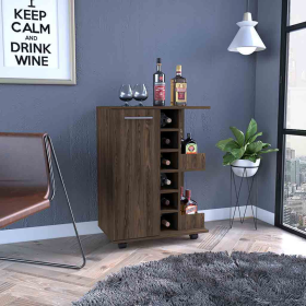 DEPOT E-SHOP Magda Bar Cart, Four Casters, Single Door Cabinet, Two External Shelves, Dark Walnut