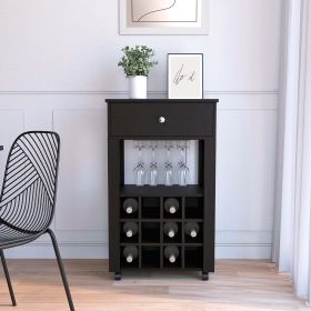 39" H black bar- coffee cart, Kitchen or living room cabinet storage, with 12 bottle racks, a central shelf with 1 Cup holders