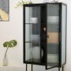 Retro-Styled, Fluted Glass High Cabinet with Detachable Shelves and Dual Doors for Living Room, Bathroom, Dining Room, Kitchen, Entryway - Black