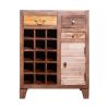 35 Inch 3 Drawer Mango Wood 15 Bottle Wine Accent Cabinet with 1 Door Storage, Brown